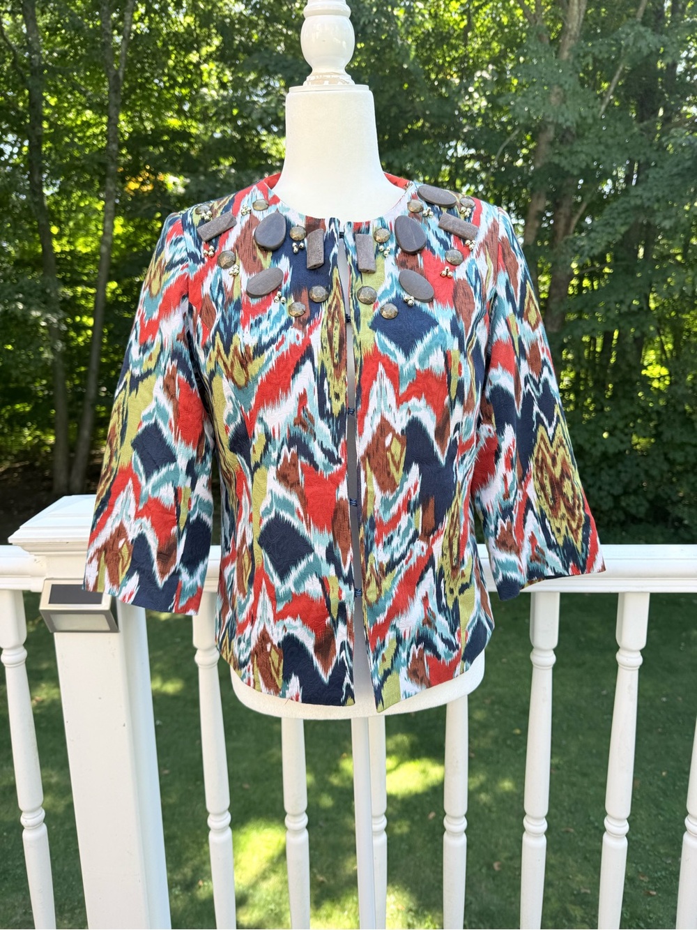 Joan Rivers Multicolor Ikat frog button embellished Blazer
